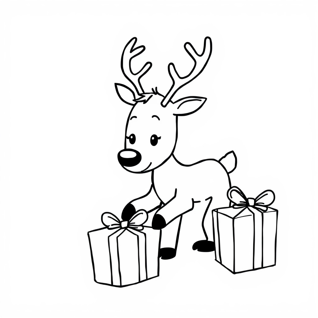 Curious reindeer exploring gifts