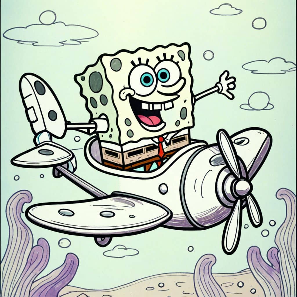 Colored Spongebob flying a jellyfish plane