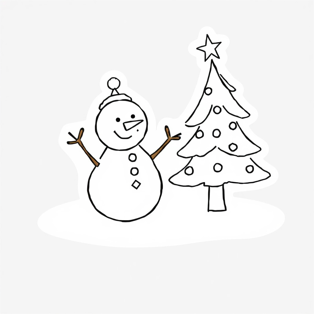 Snowman waving near Christmas tree