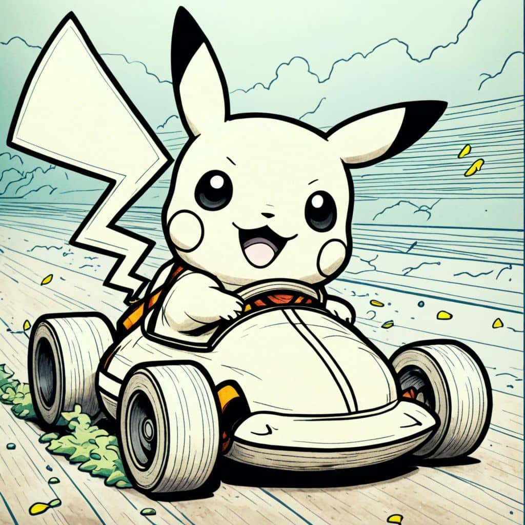 Colored Pikachu driving a race car