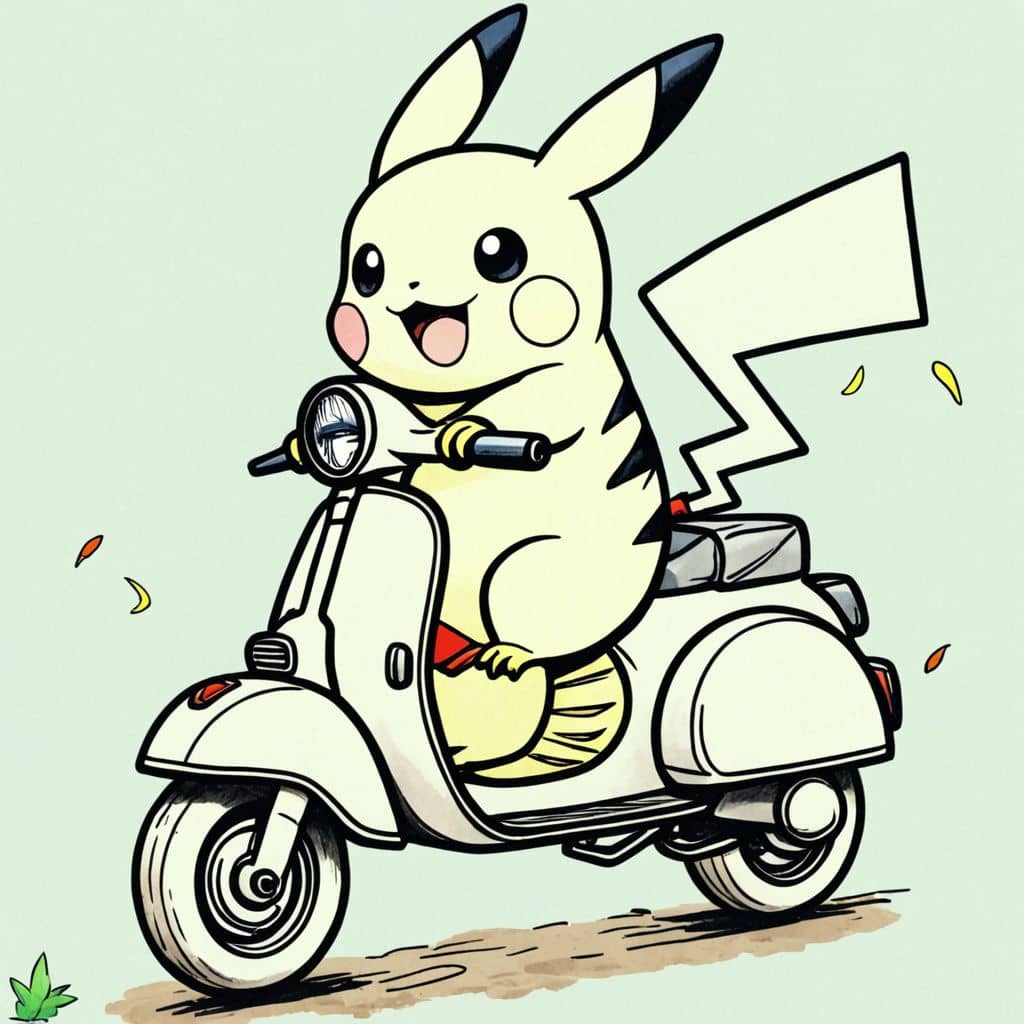 Colored Pikachu on a scooter