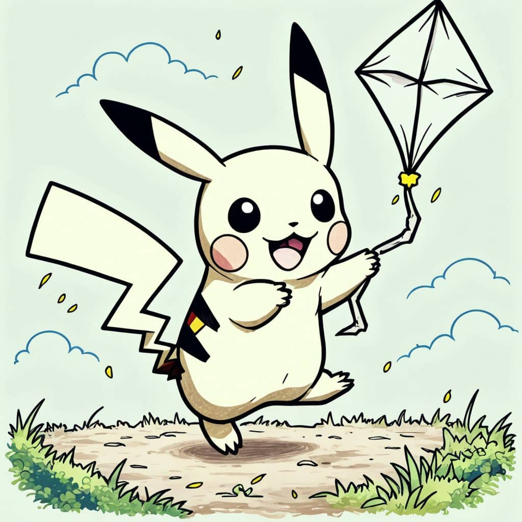 Colored Pikachu flying a kite