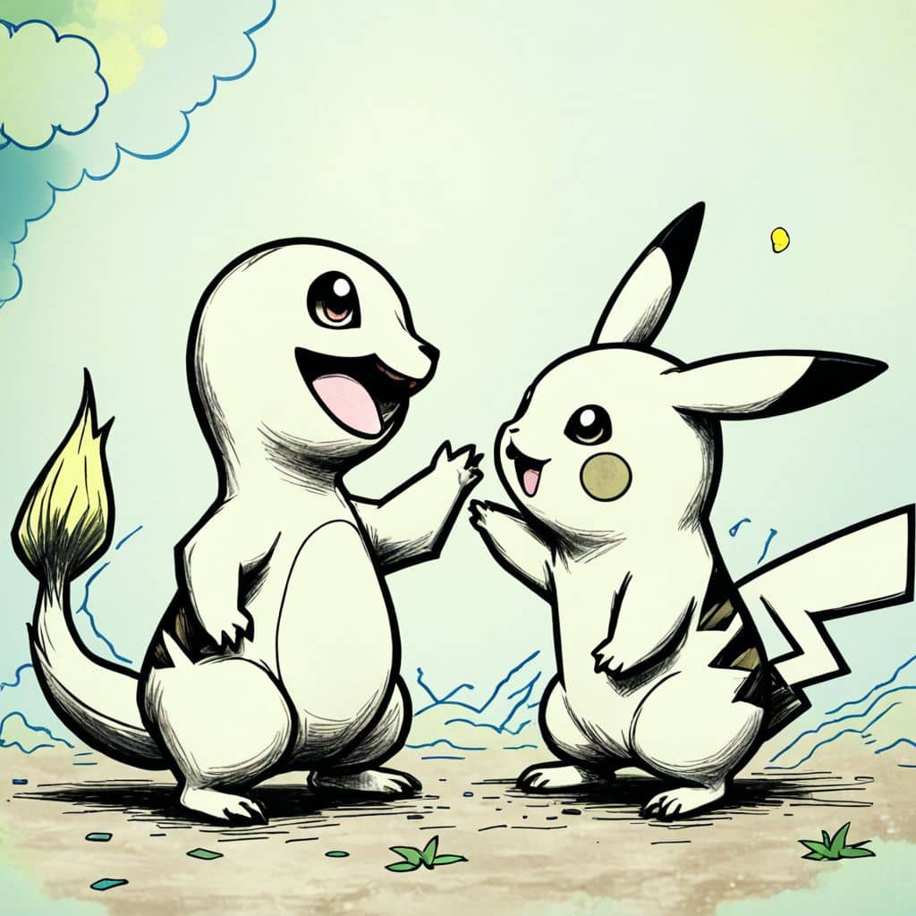 Colored Charmander high-fiving Pikachu