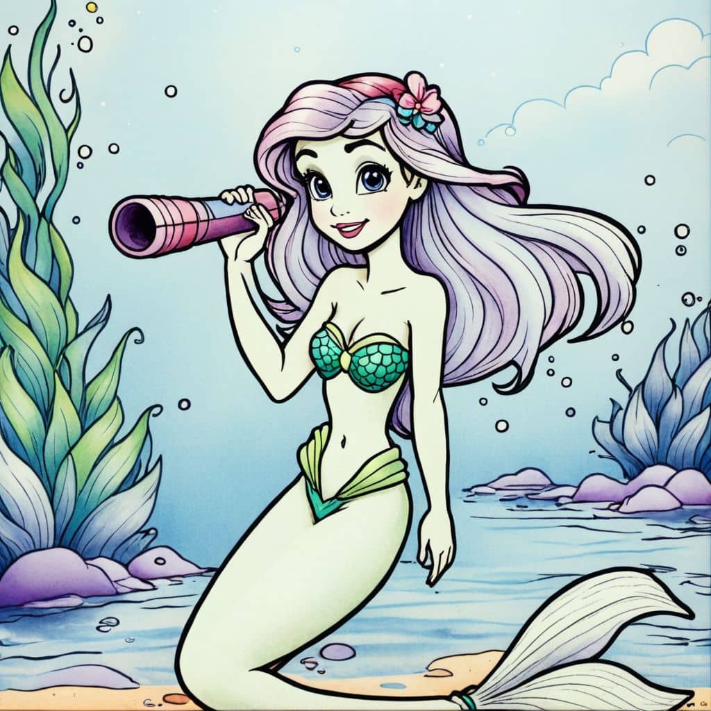 Colored Ariel - The Little Mermaid with a telescope