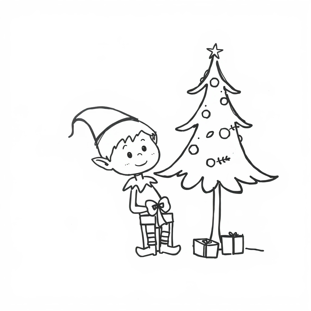 Elf with gift under tree