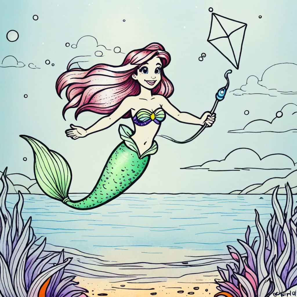 Colored Ariel - The Little Mermaid flying a kite