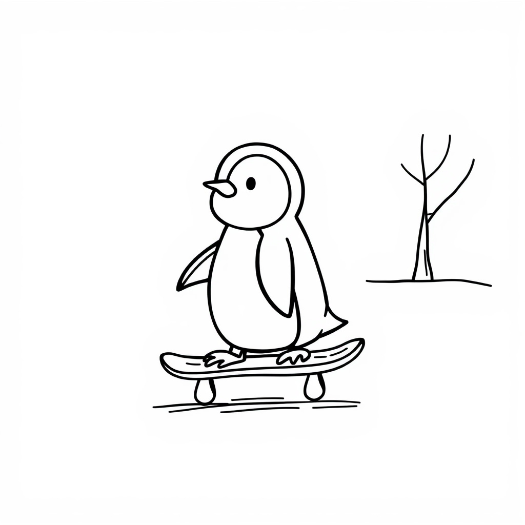 Penguin skateboarding in park.