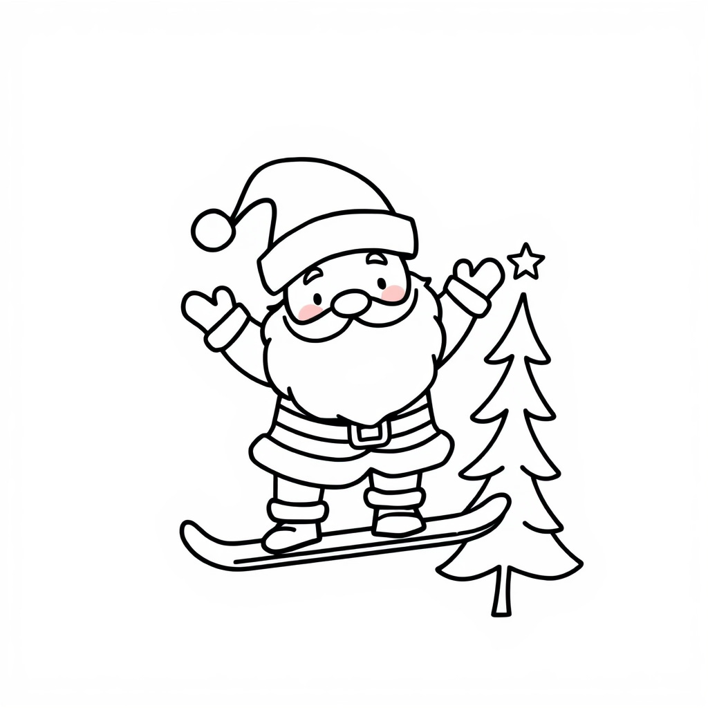 Snowboarding Santa by Tree