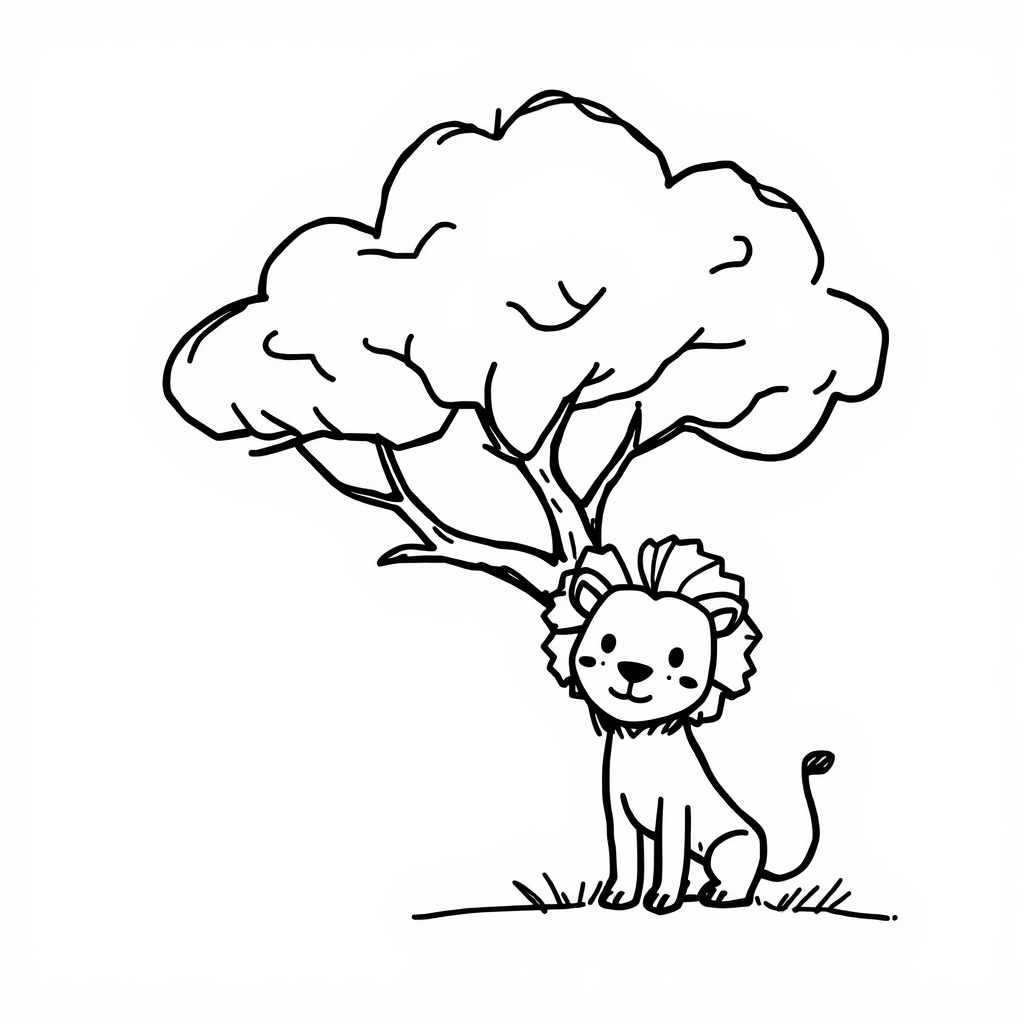 Lion under a baobab tree