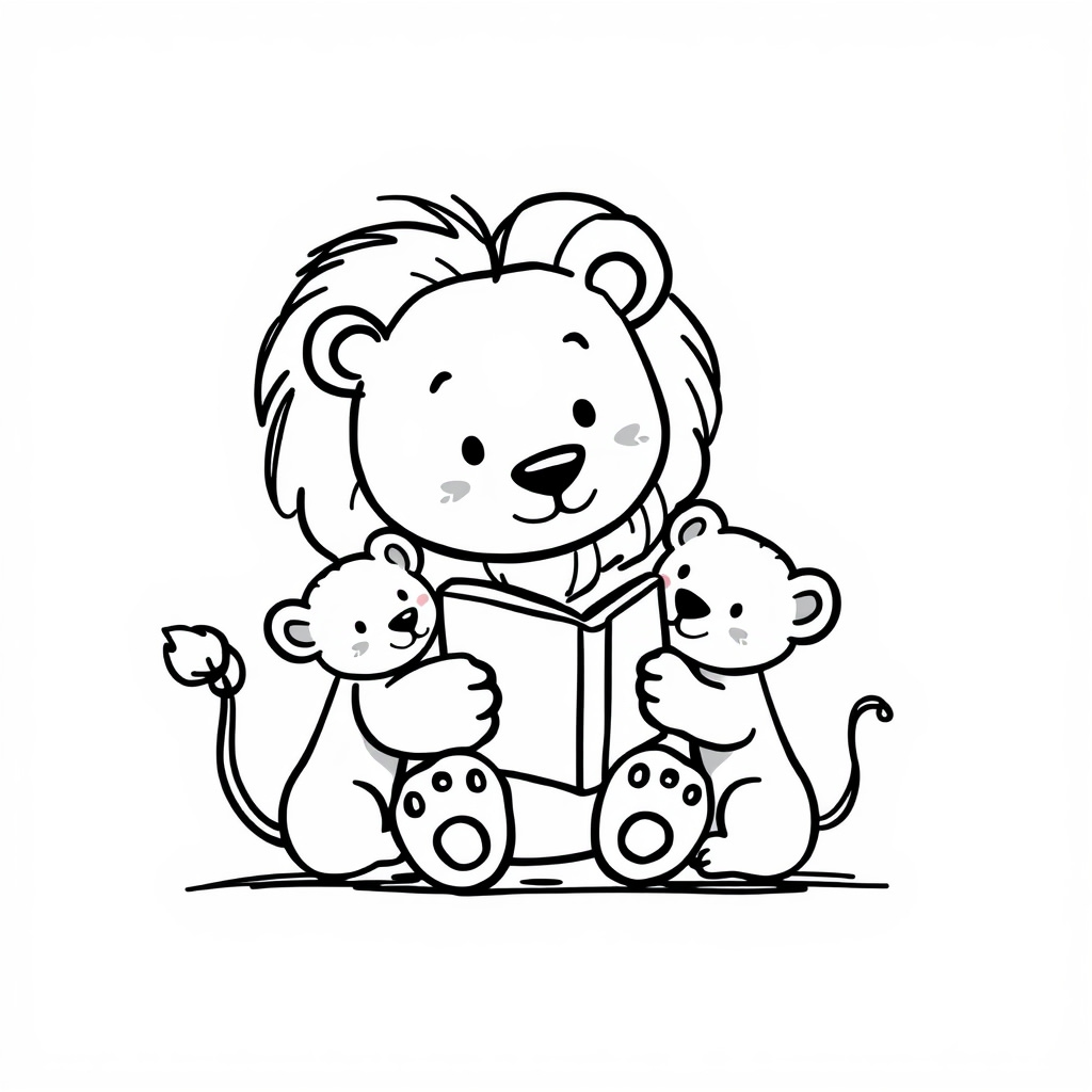 Lion reading to cubs