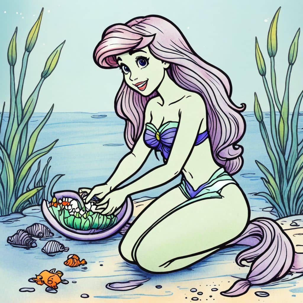 Colored Ariel - The little mermaid collecting shells