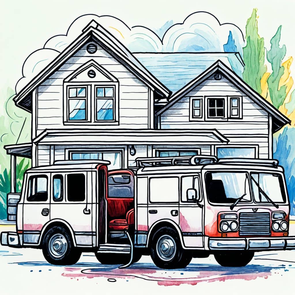 Colored Fire Engine Near Burning House
