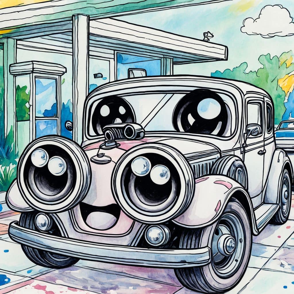 Colored Vintage car at gas station