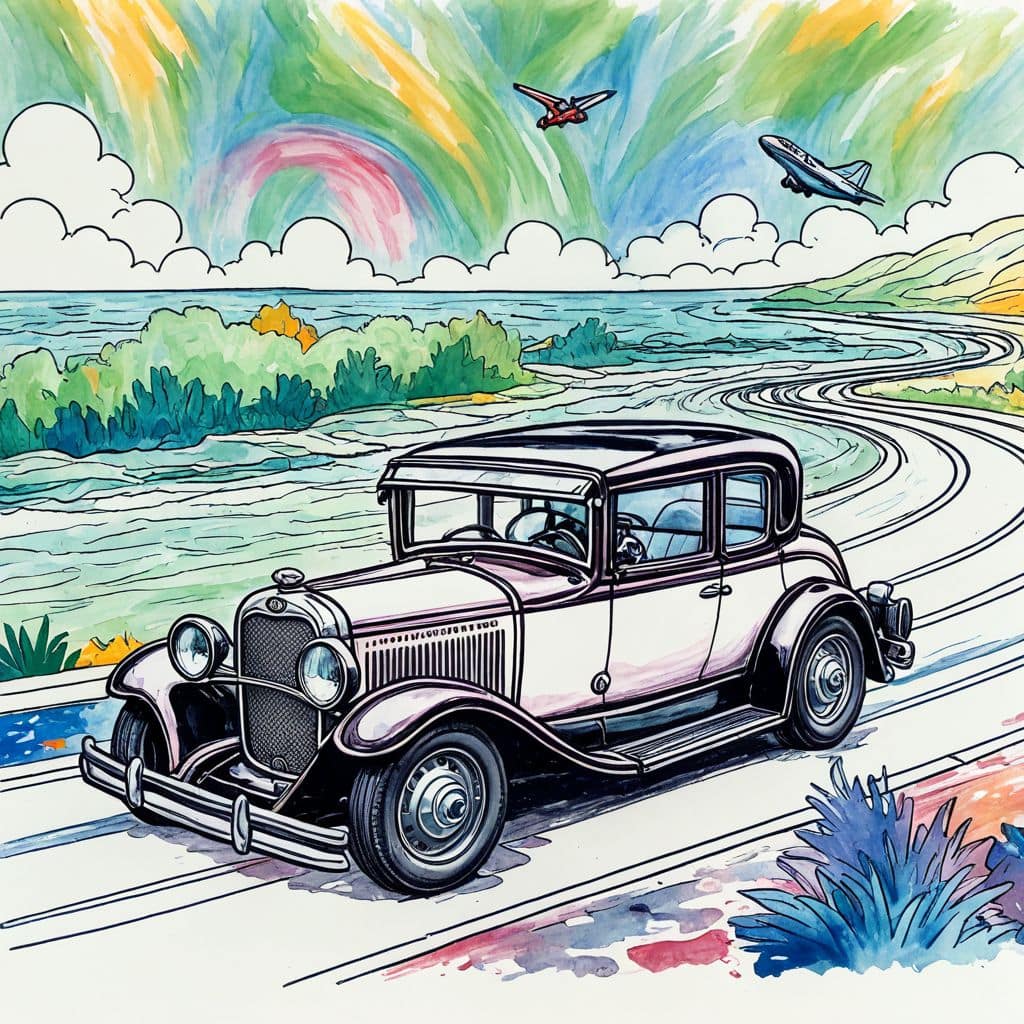 Colored Classic car on coastal route