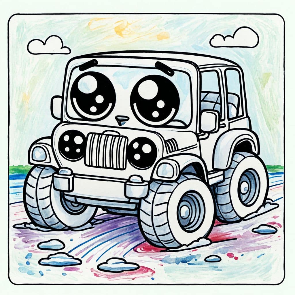 Colored Jeep tracks on sandy beach.