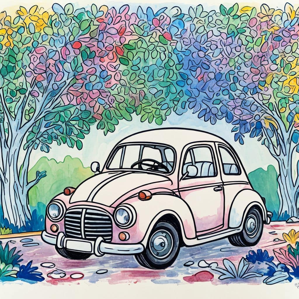 Colored Retro car under cherry blossoms