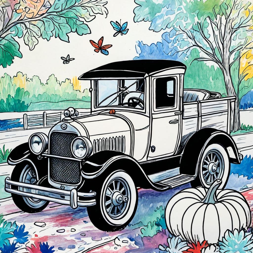Colored Old car in autumn scenery