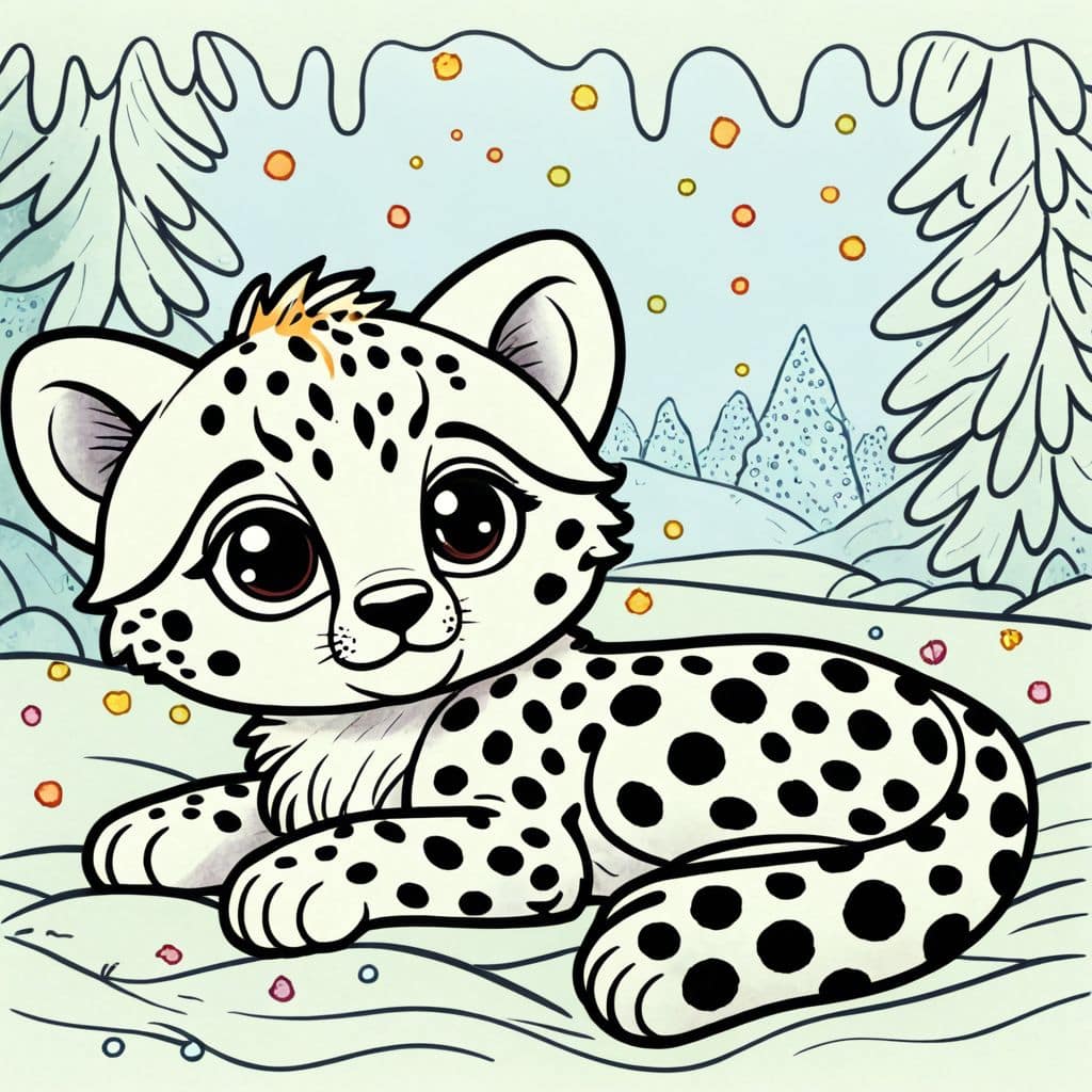 Colored Cheetah resting in winter snow