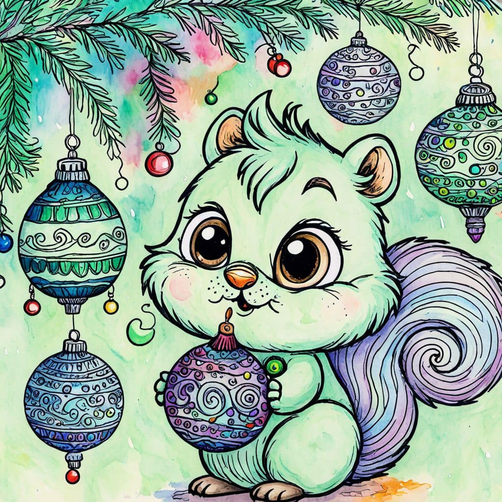 Colored Squirrel admiring tree ornaments