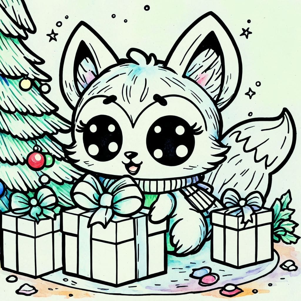 Colored Fox unwrapping tree gifts