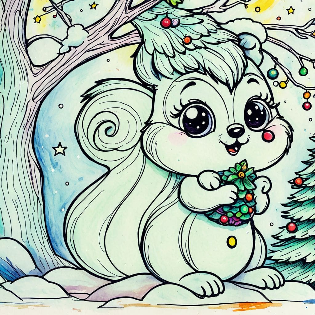 Colored Snow-covered Tree with Squirrel