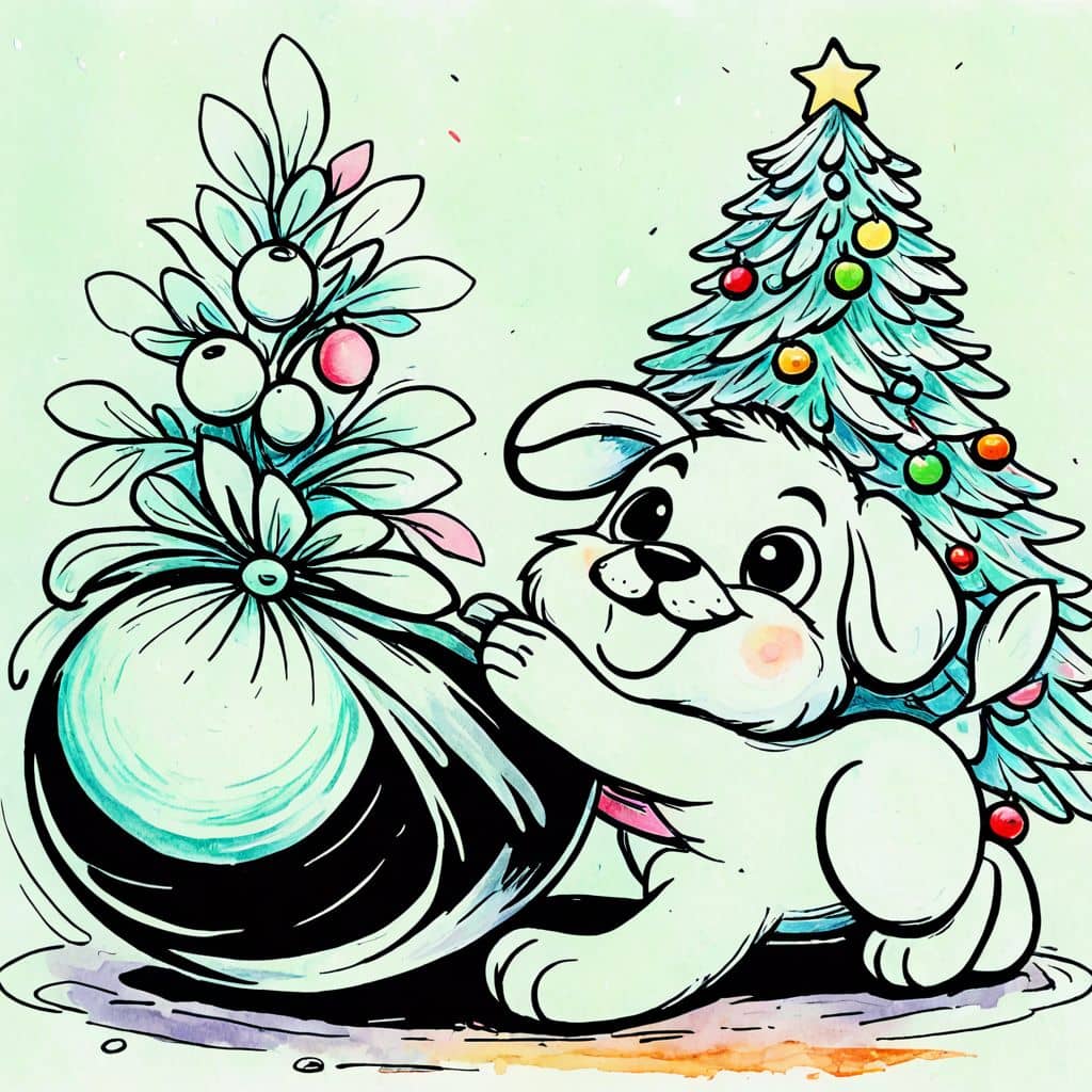 Colored Puppy Tugging Tree Skirt.