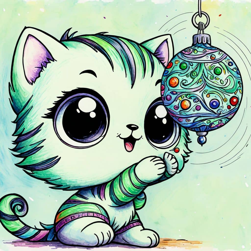 Colored Cat Swatting Christmas Ornaments