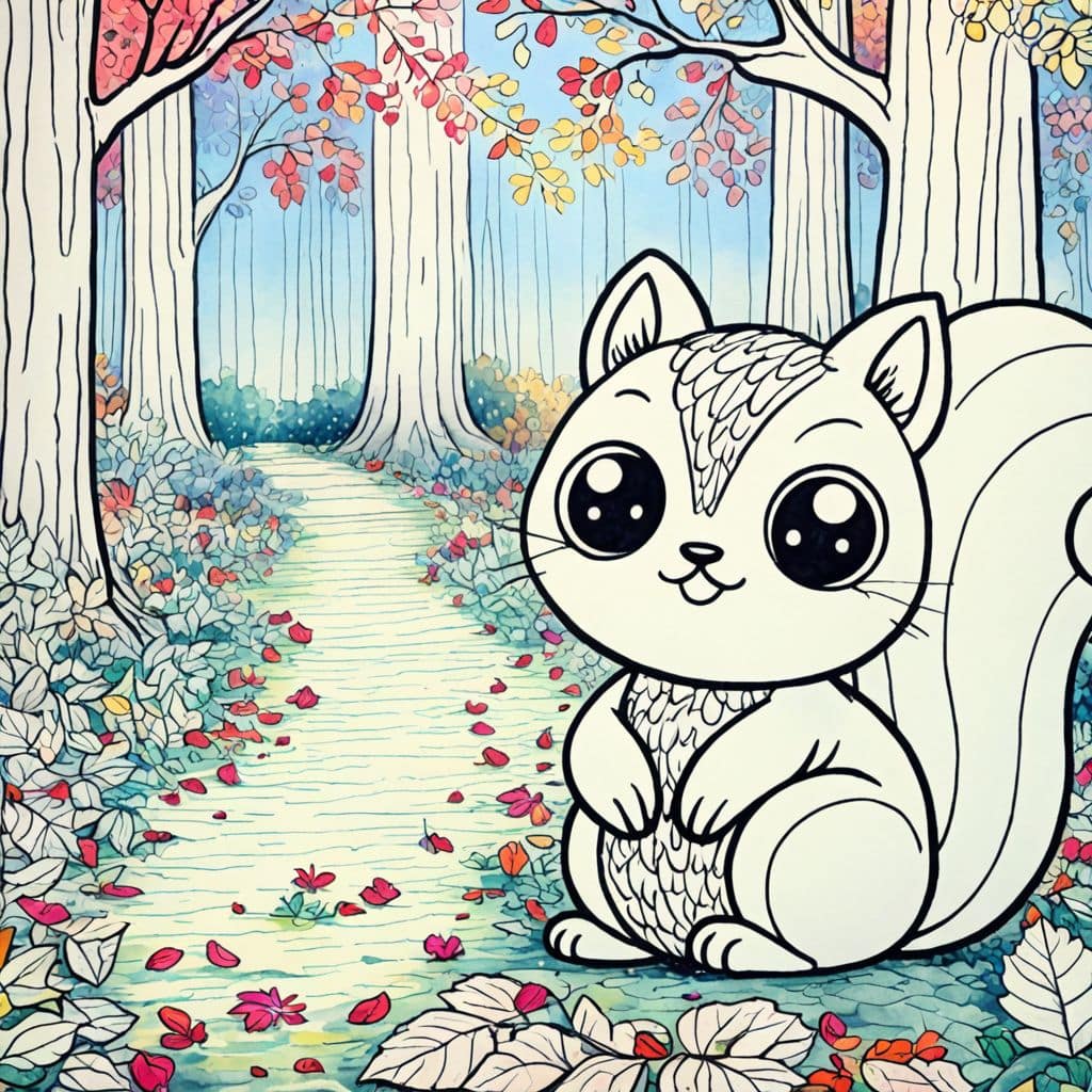 Colored Leaf-covered trail with squirrel