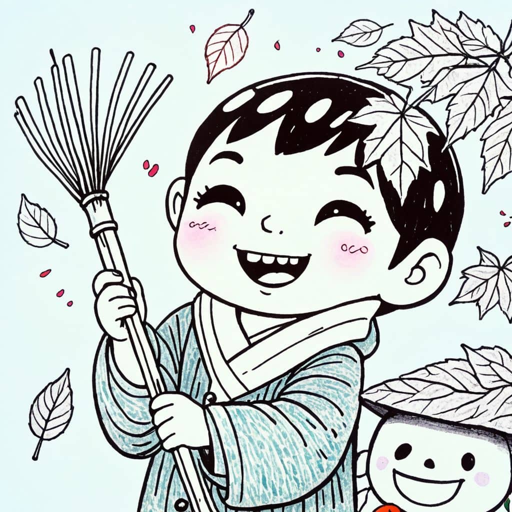 Colored Kid raking colorful leaves