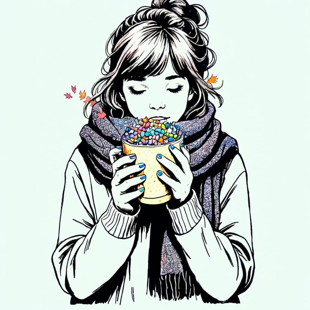 Colored Scarf-wrapped girl sipping cocoa