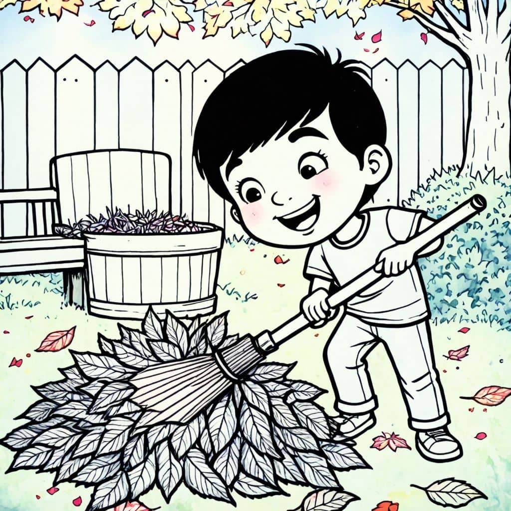Colored Boy raking colorful leaves