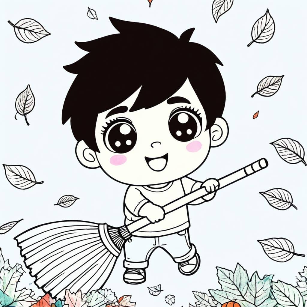 Colored Boy raking leaves