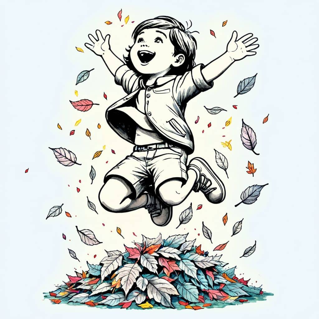 Colored Child jumping into leaf pile