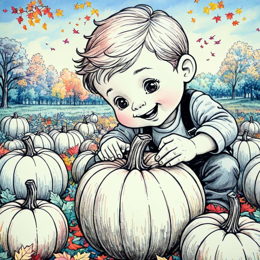 Colored Child picking pumpkins