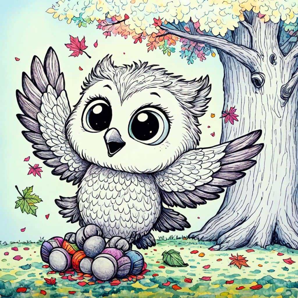 Colored Owl gathering acorns