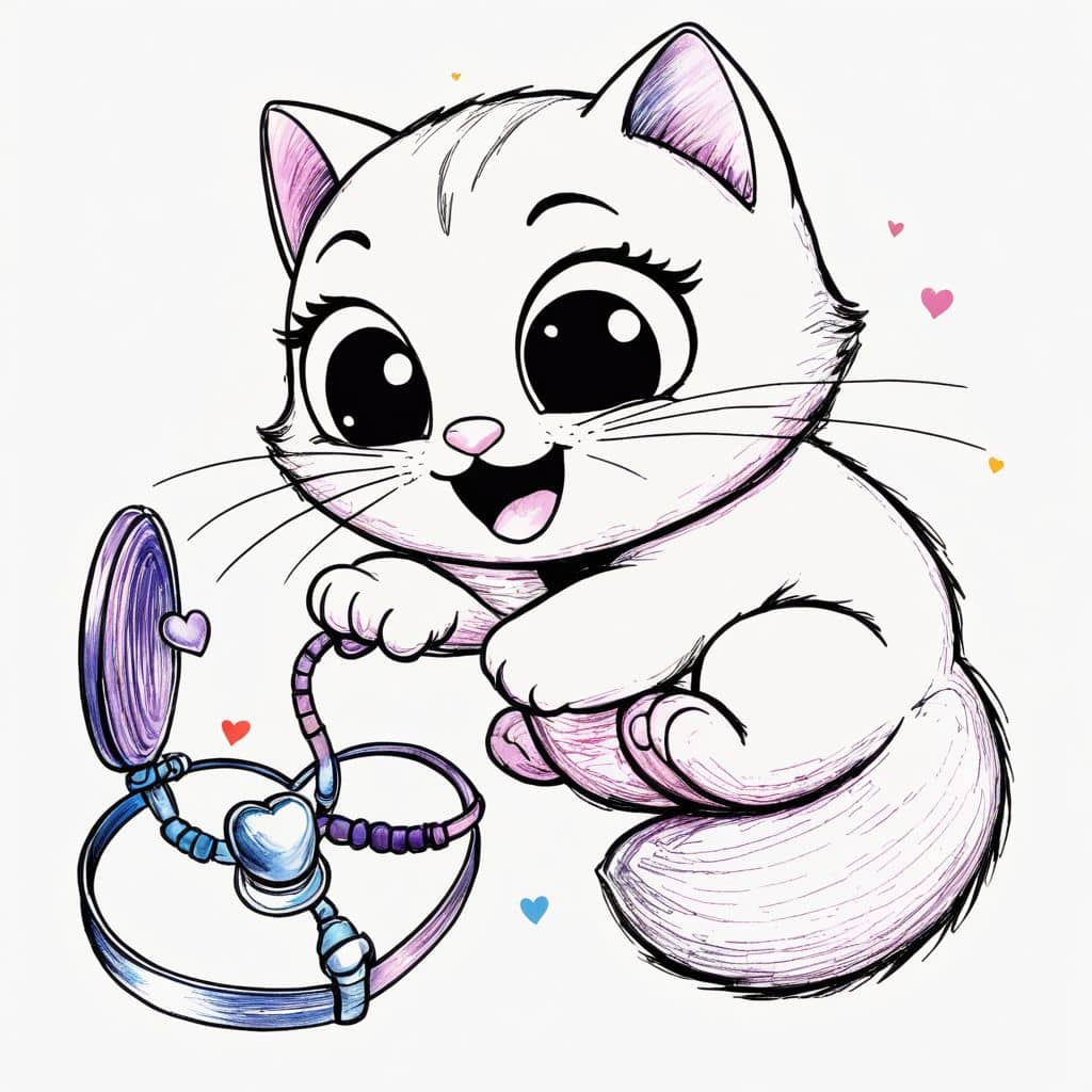 Colored Cat playing with heart-shaped locket