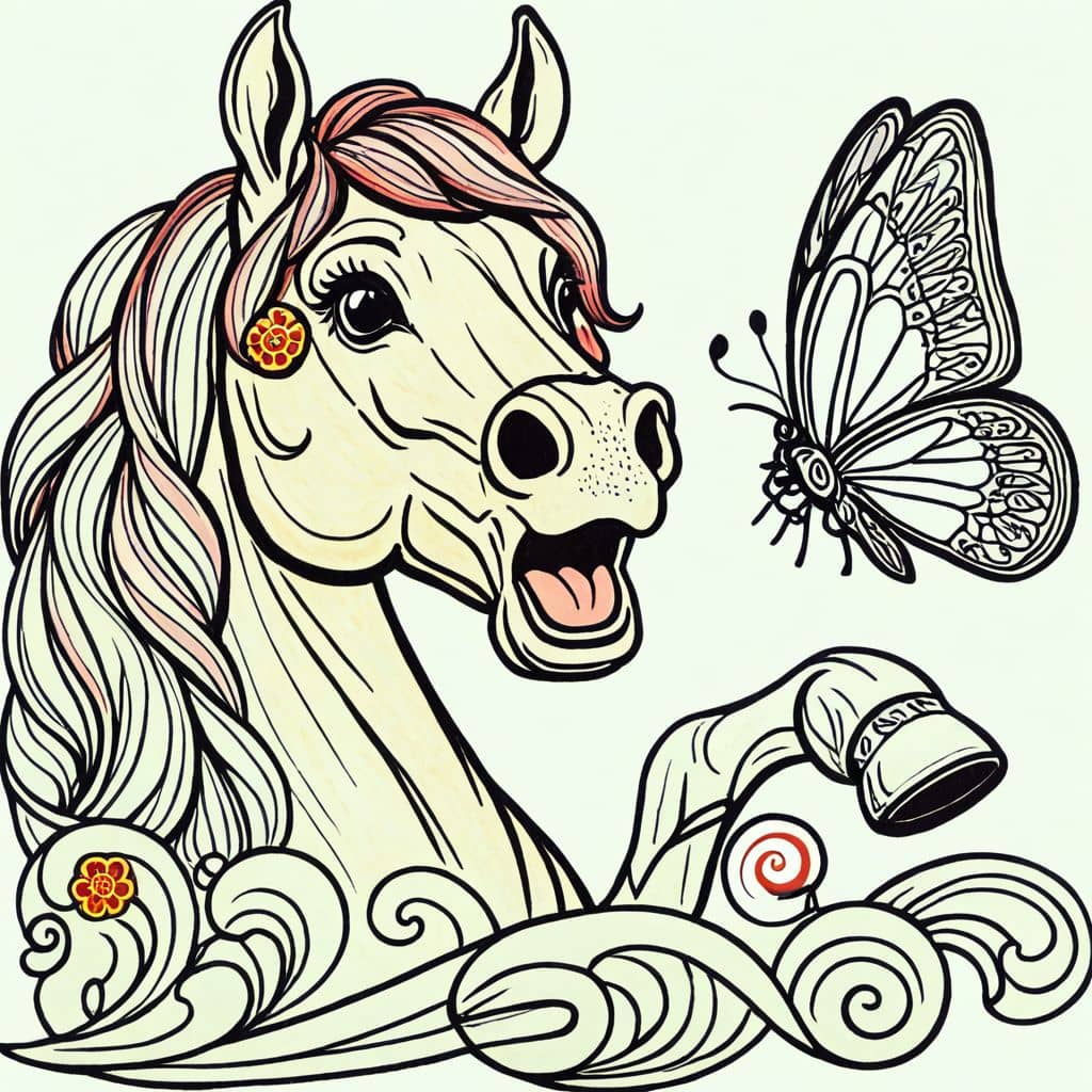 Colored Horse surprised by a butterfly