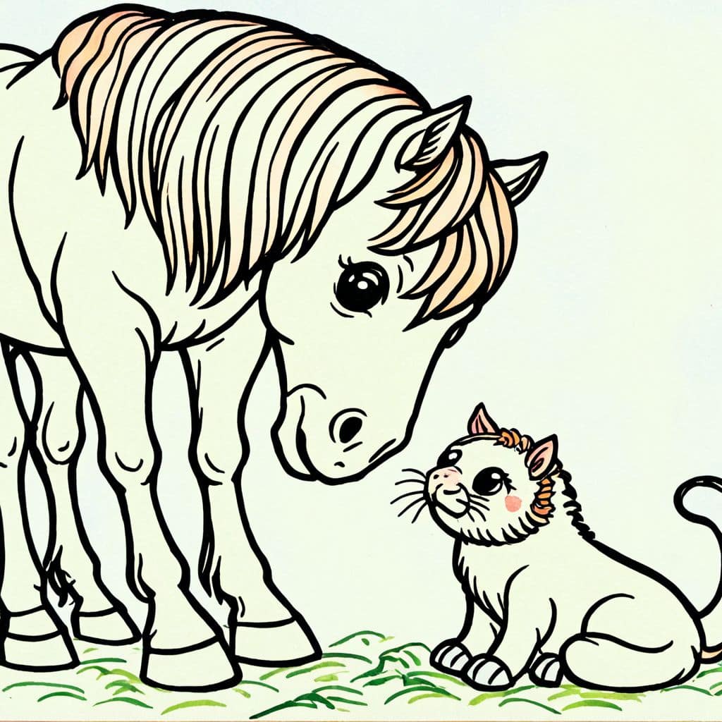 Colored Horse befriending a cat