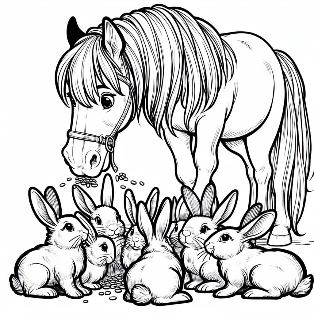 Original Horse feeding curious rabbits