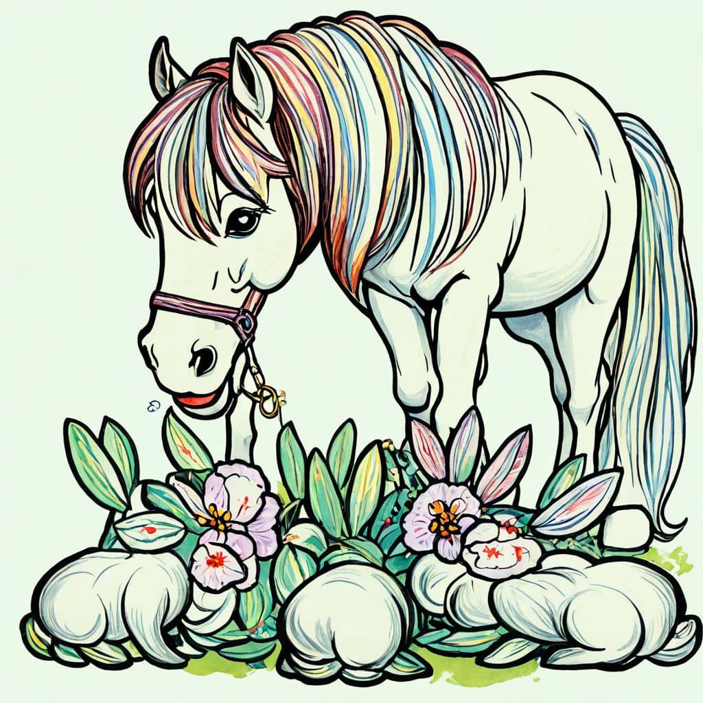 Colored Horse feeding curious rabbits