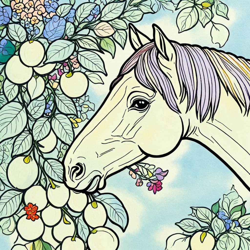 Colored Horse eating summer apples