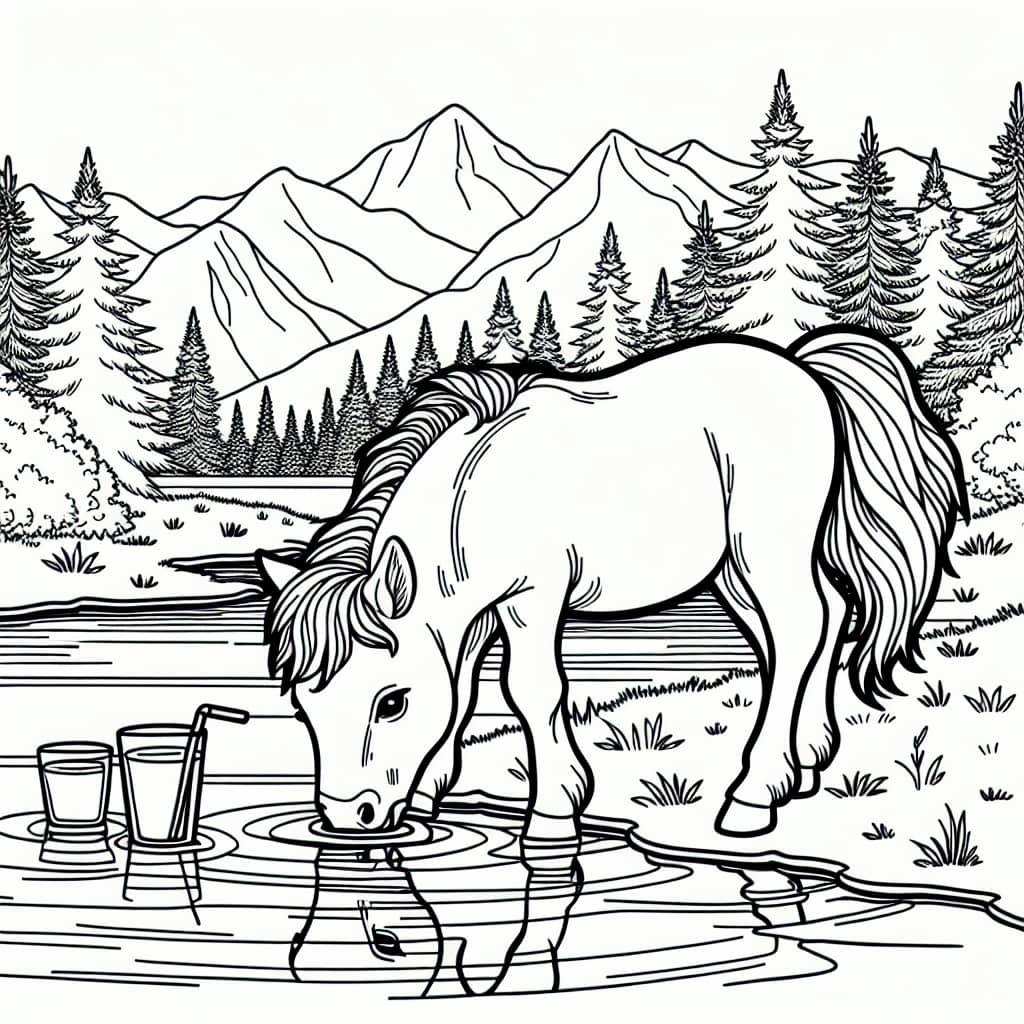 Original Little horse drinking from lake