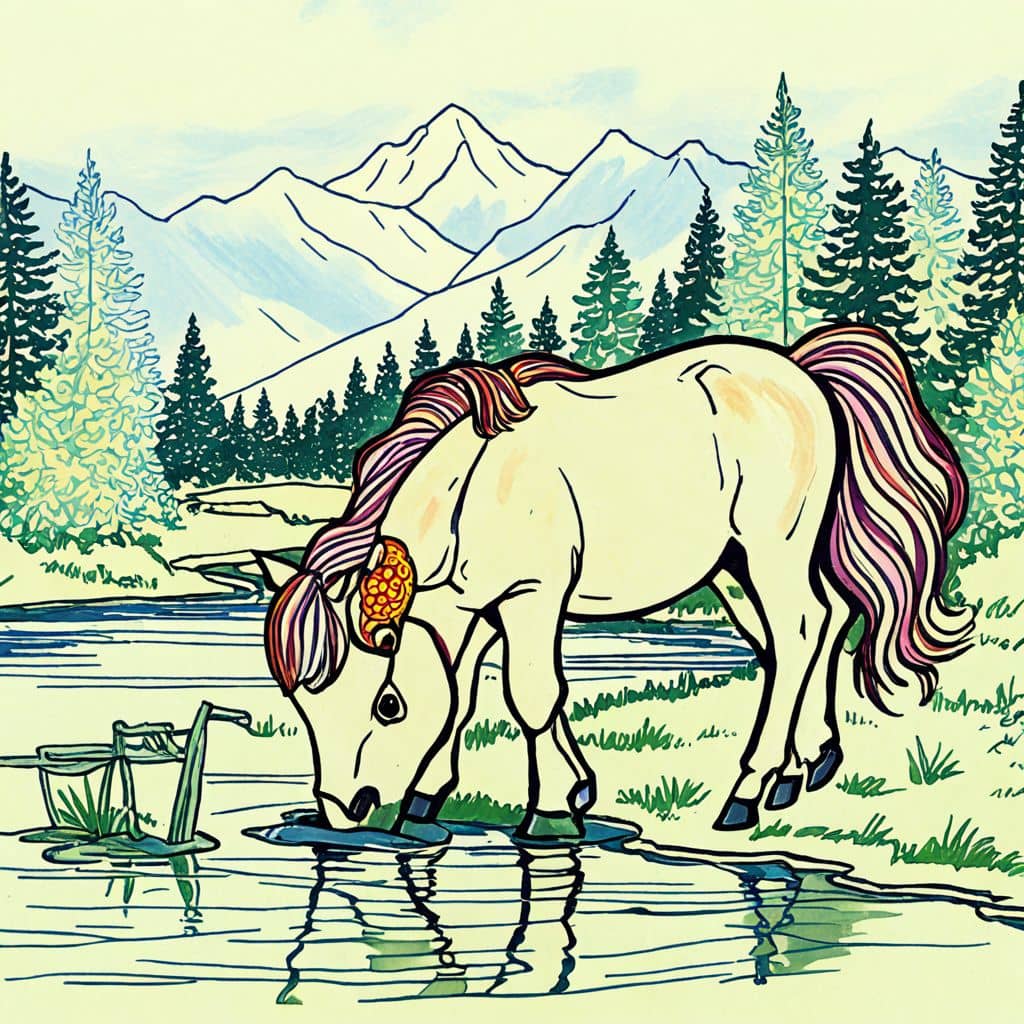 Colored Little horse drinking from lake