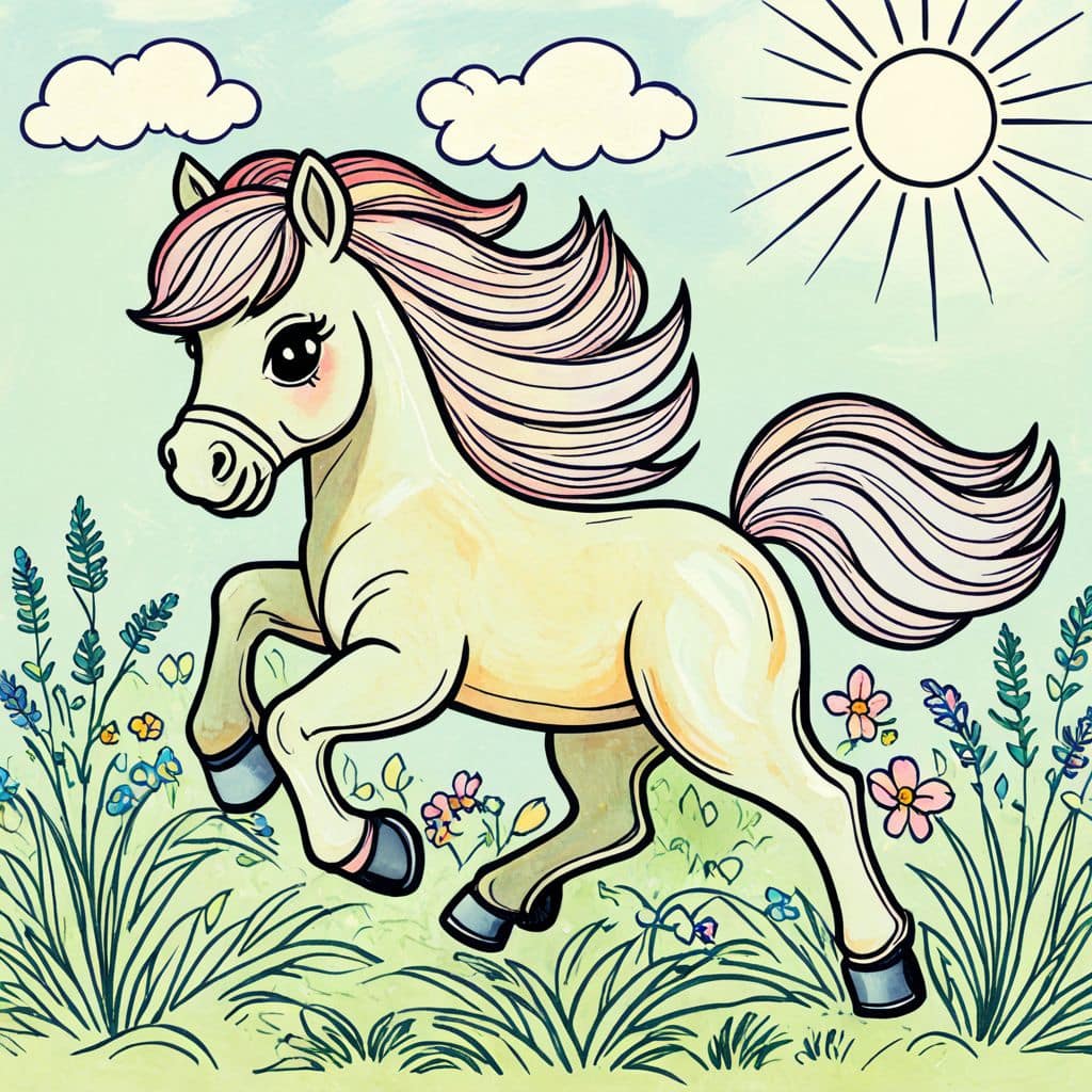 Colored Horse prancing in summer meadow.