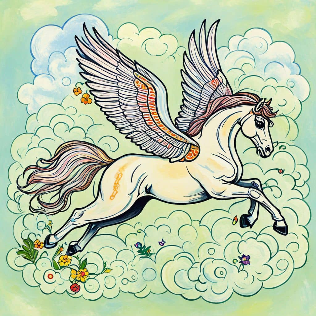 Colored Pegasus soaring amidst clouds