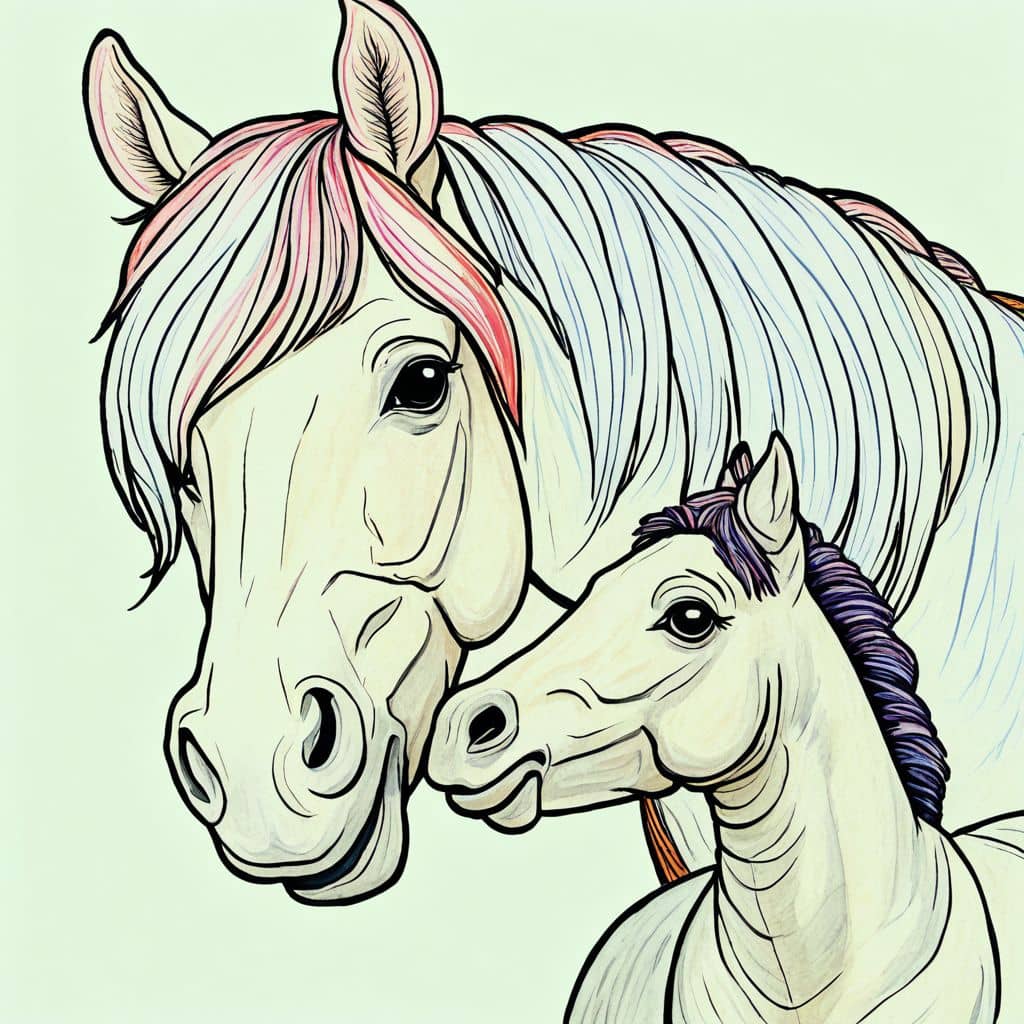 Colored Horse nuzzling foal tenderly