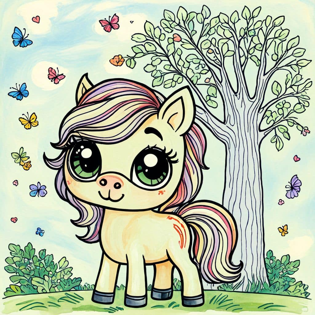Colored Horse under falling leaves