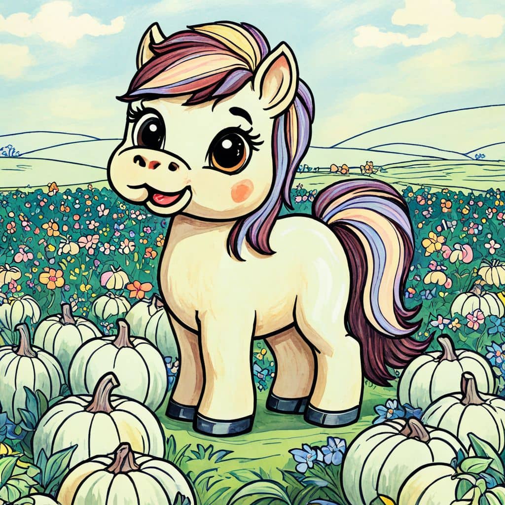 Colored Horse amidst pumpkin field