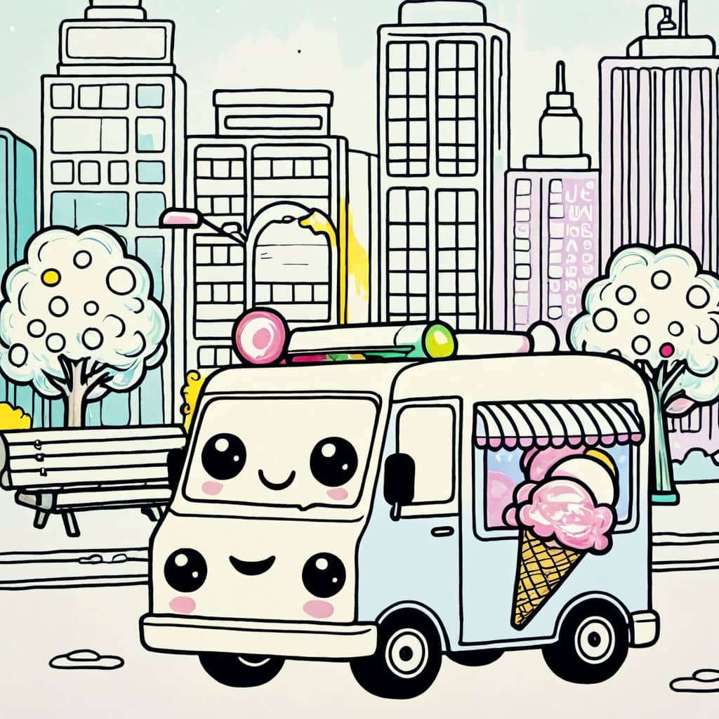 Colored Ice cream truck on city street