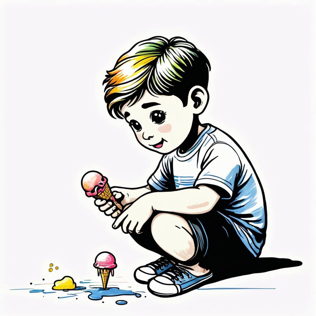Colored Sad boy dropping his ice cream